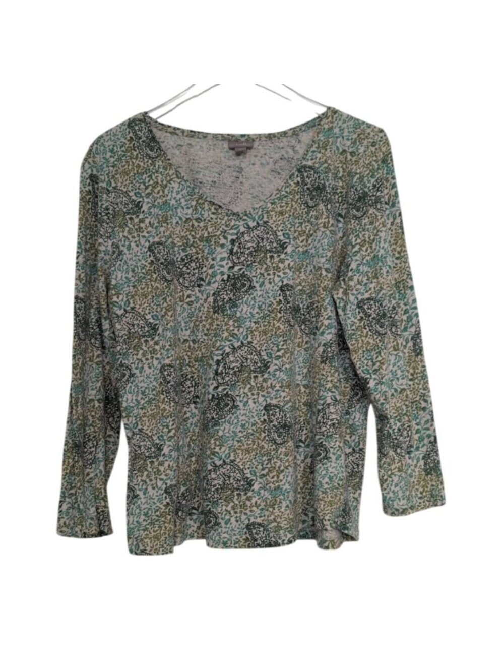 J Jill Floral Shirt Womens Size XL Green 100% Cotton Lightweight V Neck Long Sle